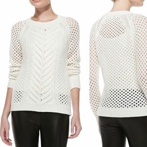 Minnie Rose Open Knit Crochet Braided White Sweater